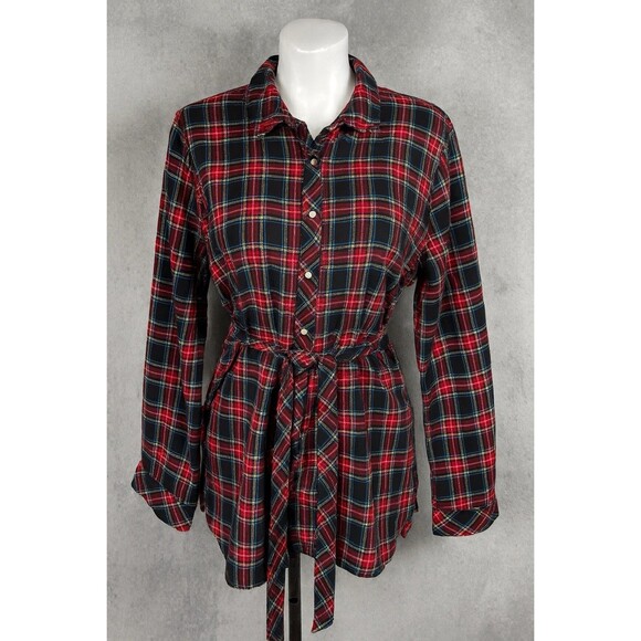 J Jill Women  Blouse Large Popover Tunic Tartan Plaid Button Belted Preppy - Picture 5 of 10